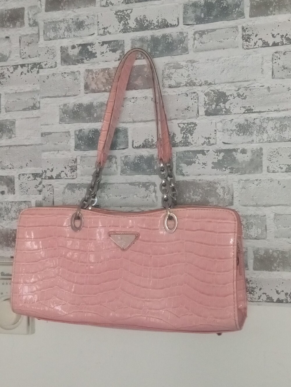 Prada Pink Croc-Embossed Shoulder Bag with Chain Straps
